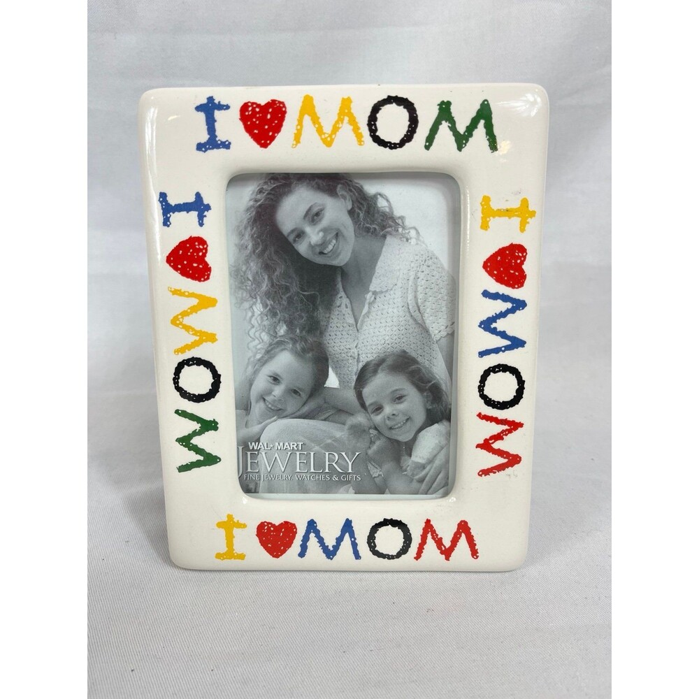 Vintage Ceramic I Love Mom Picture Frame Colorful Crayon Text